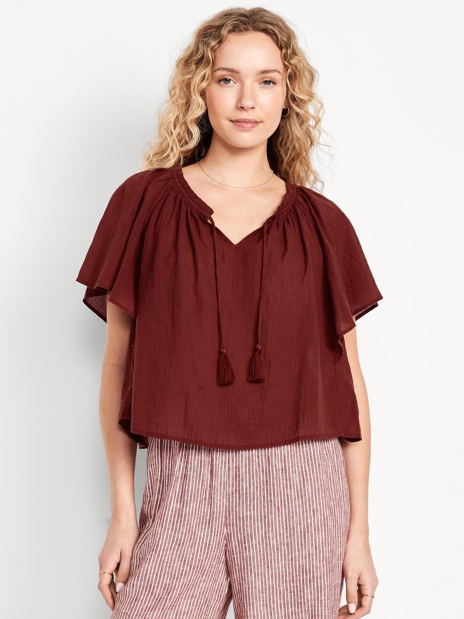 crinkle gauze tassel-tie shirred top