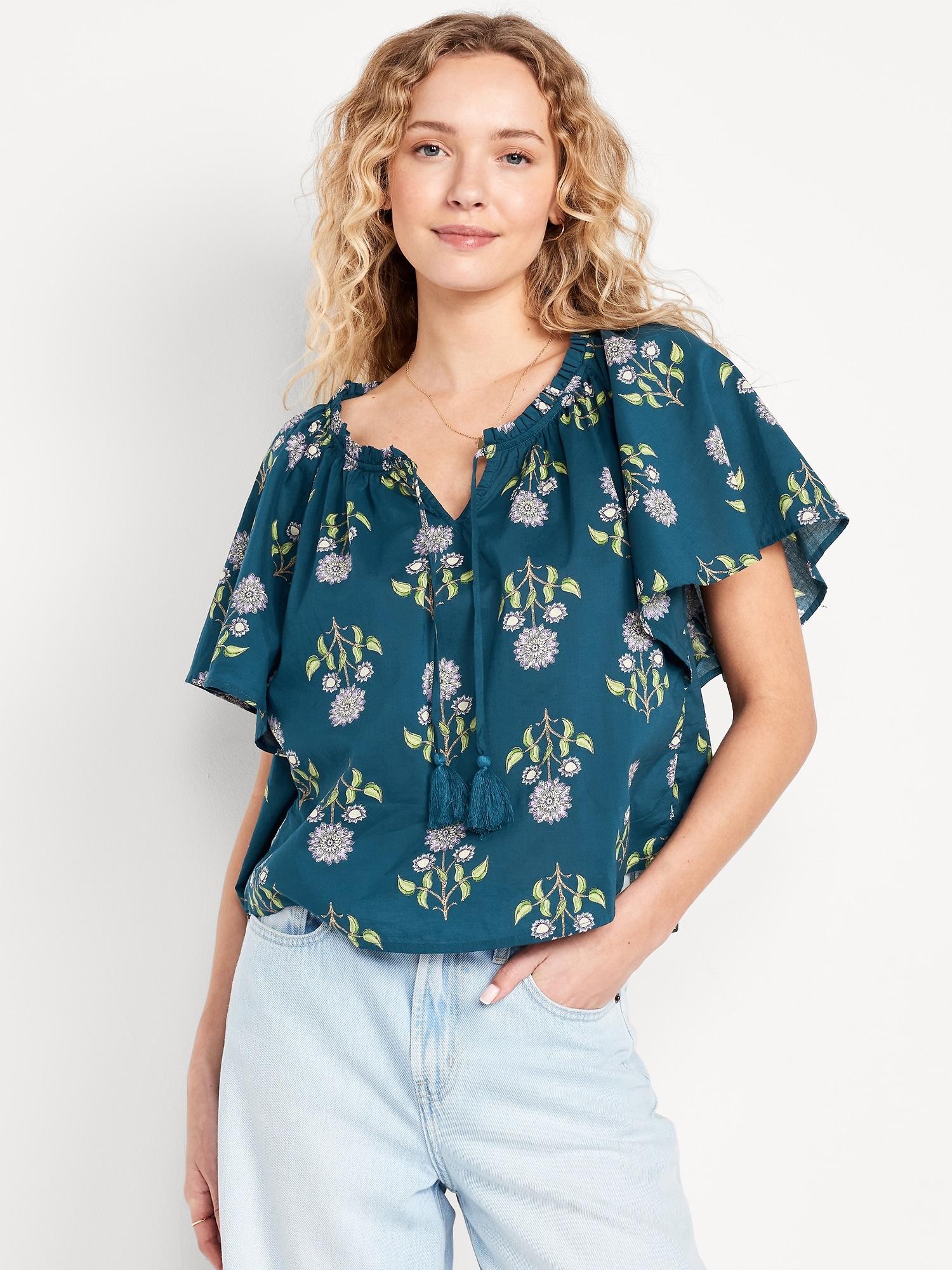 crinkle gauze tassel-tie shirred top