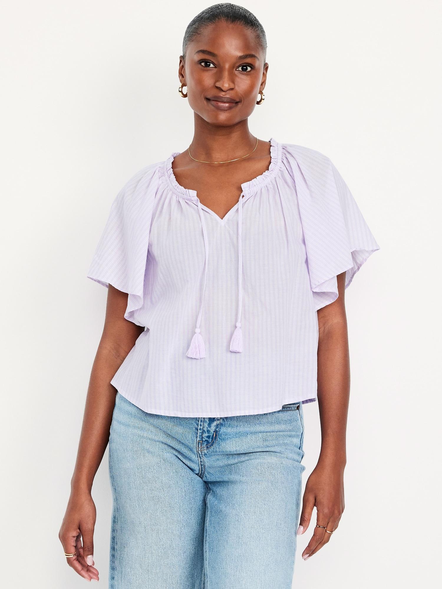 crinkle gauze tassel-tie shirred top