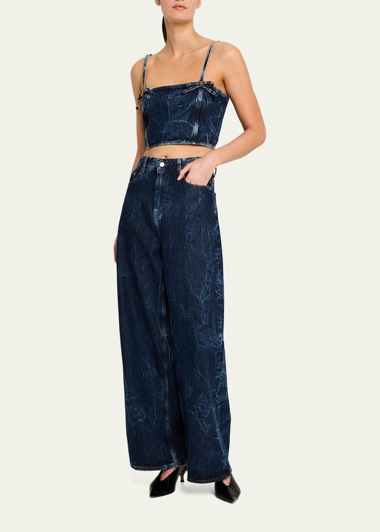 crinkled denim bow strap top