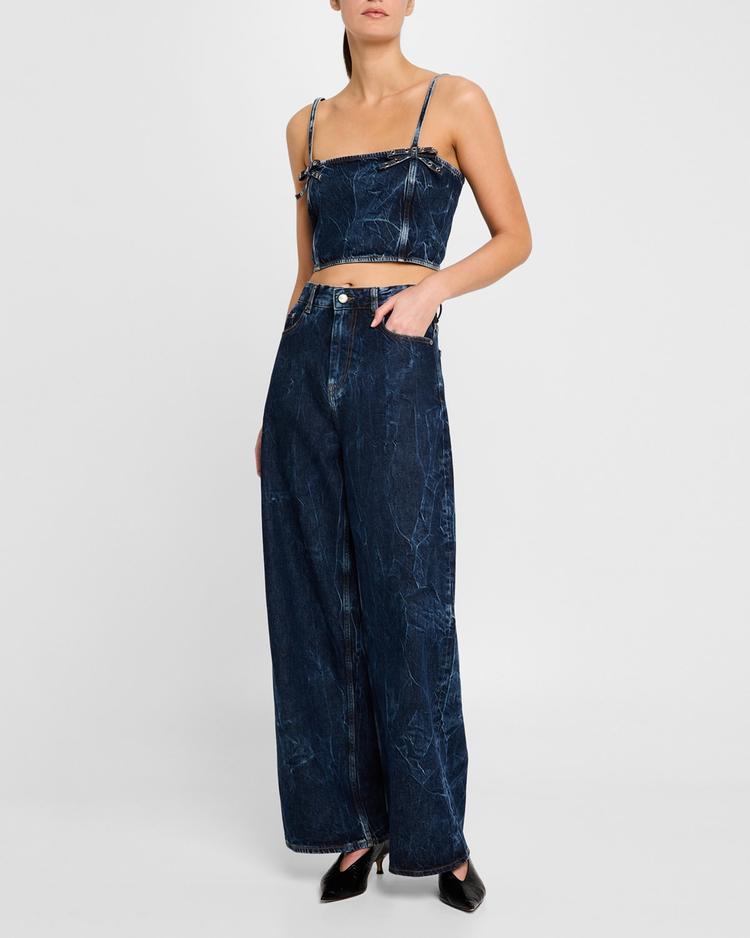 crinkled denim bow strap top