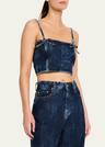 crinkled denim bow strap top