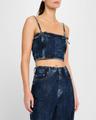 crinkled denim bow strap top