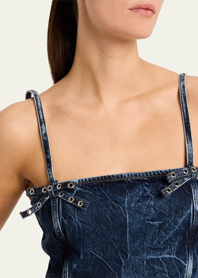 crinkled denim bow strap top