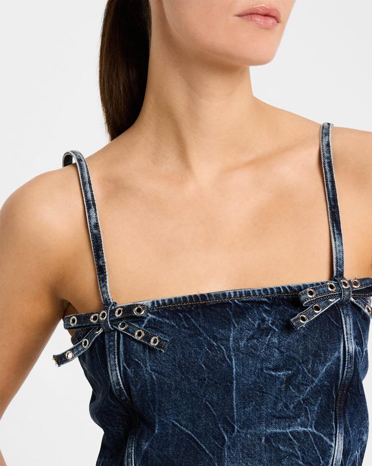 crinkled denim bow strap top
