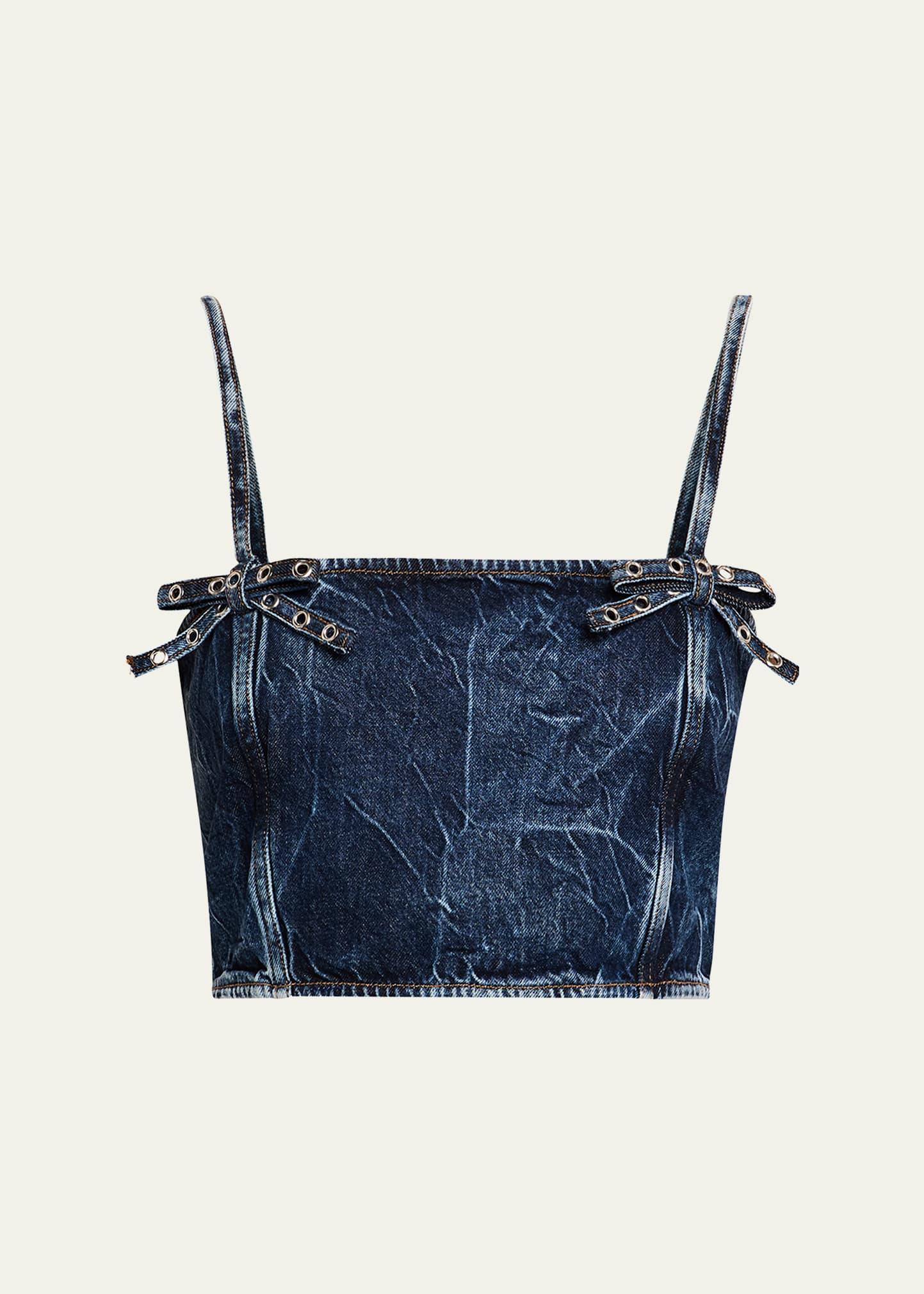 crinkled denim bow strap top