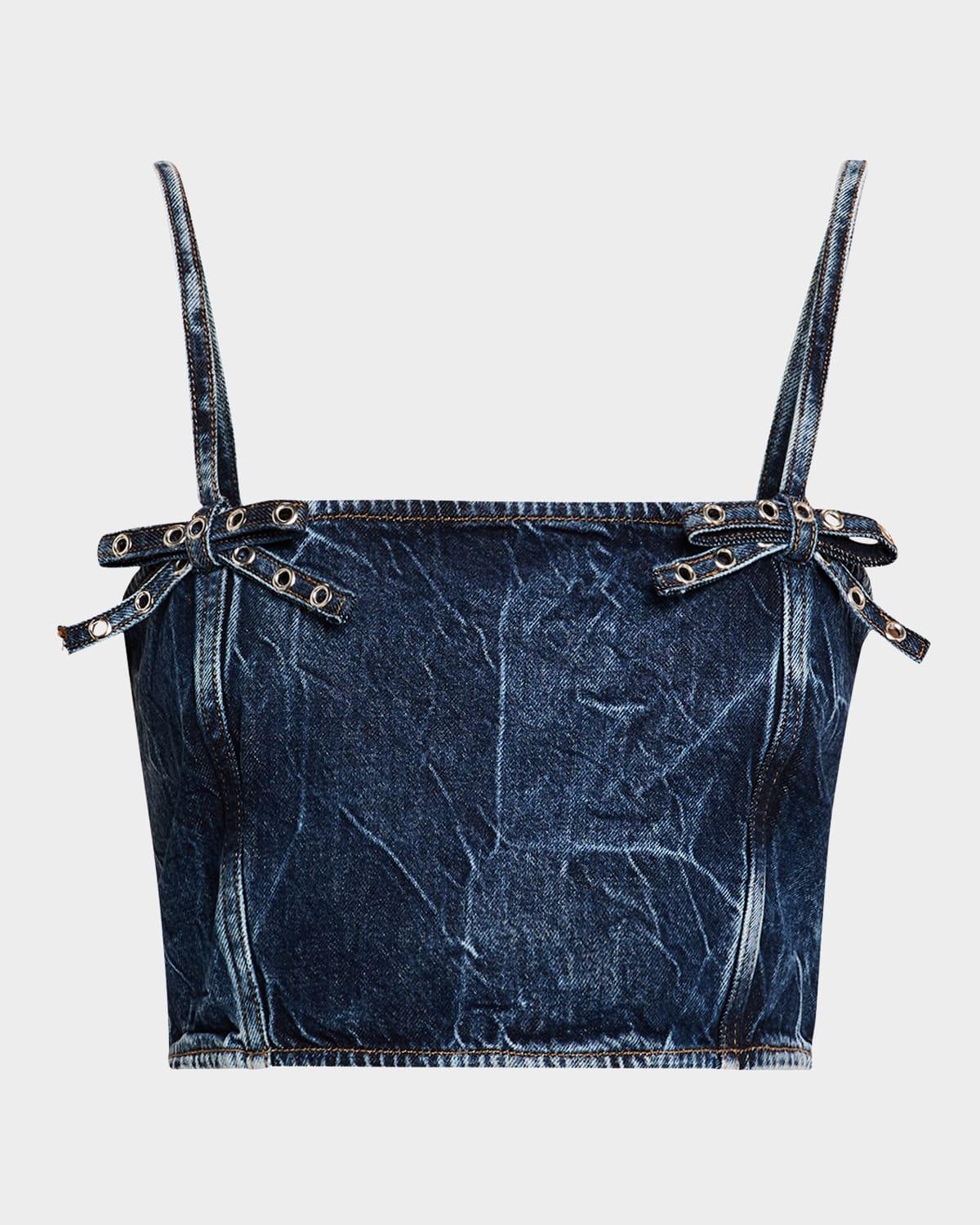 crinkled denim bow strap top