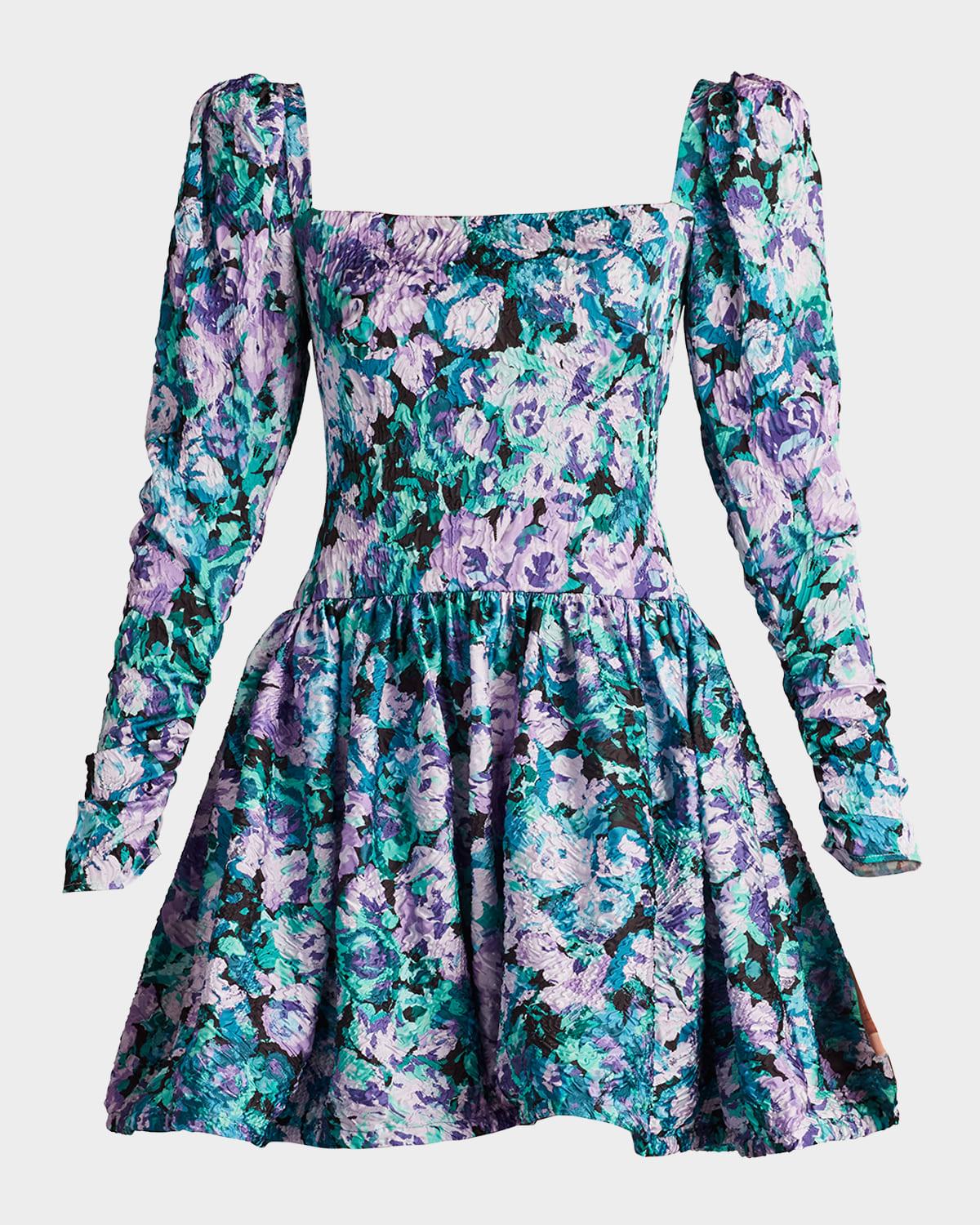 crinkled floral-print jacquard mini dress