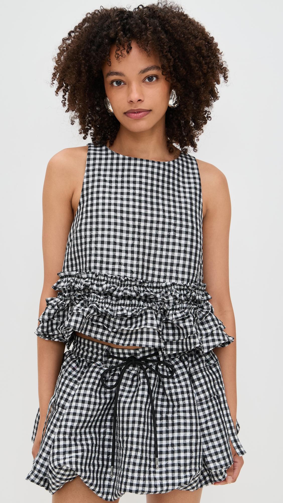 crinkled taffeta check frill top
