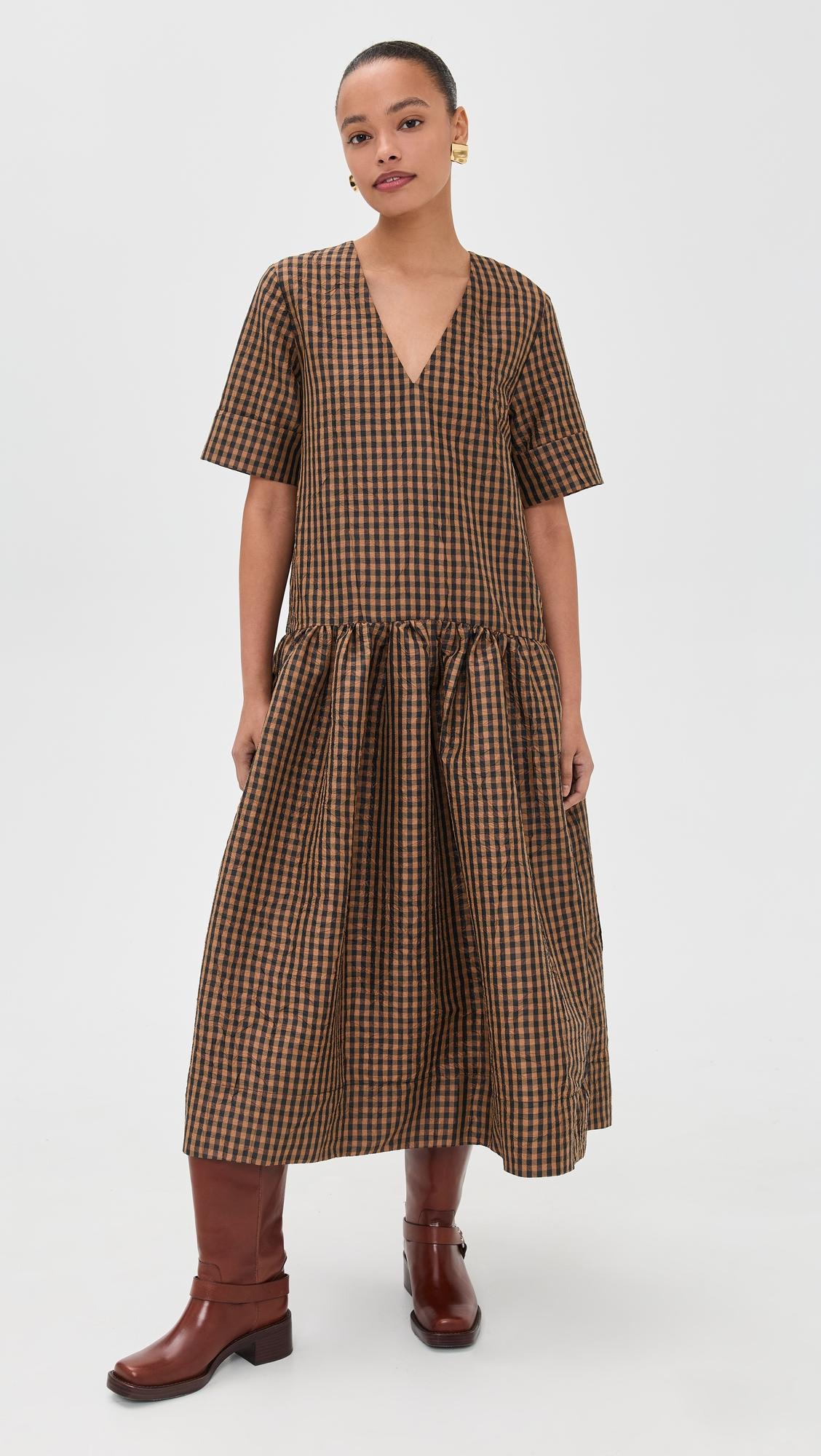 crinkled taffeta check long dress