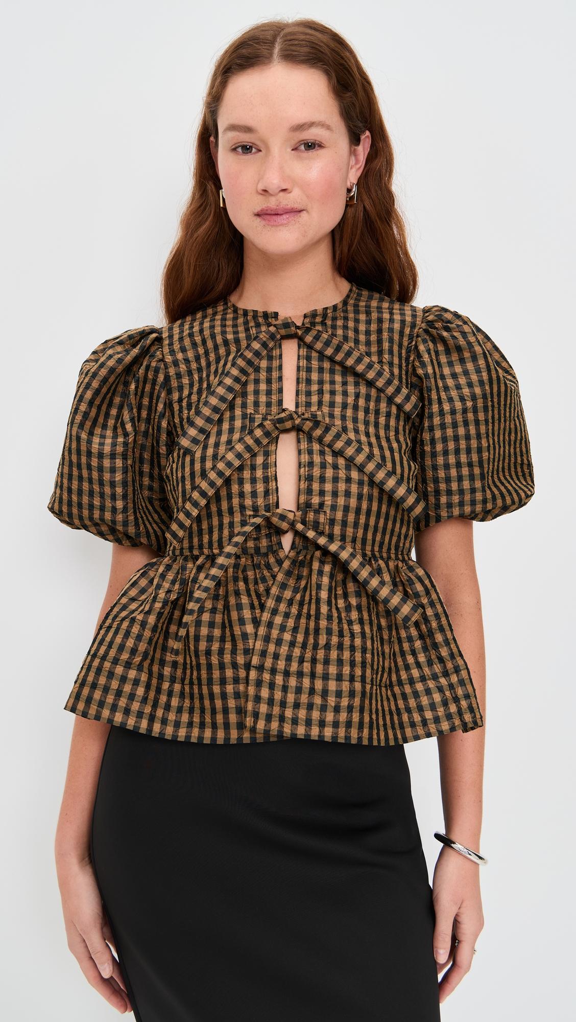 crinkled taffeta check peplum blouse