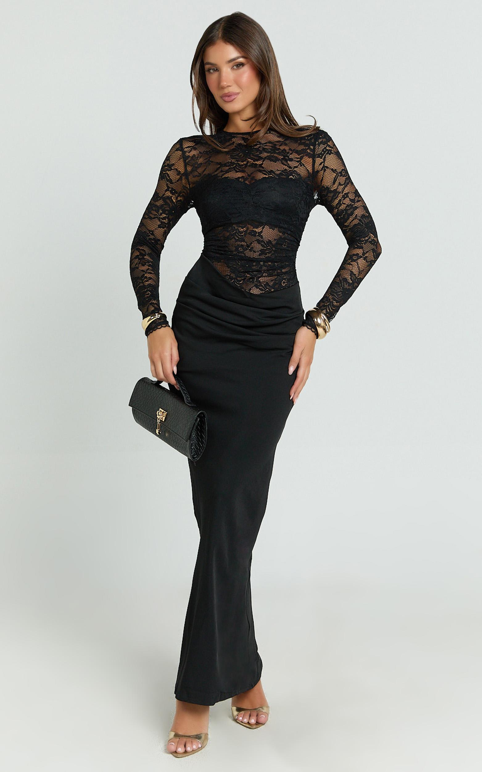 crisanta maxi dress - long sleeve contrast lace bodycon dress in black