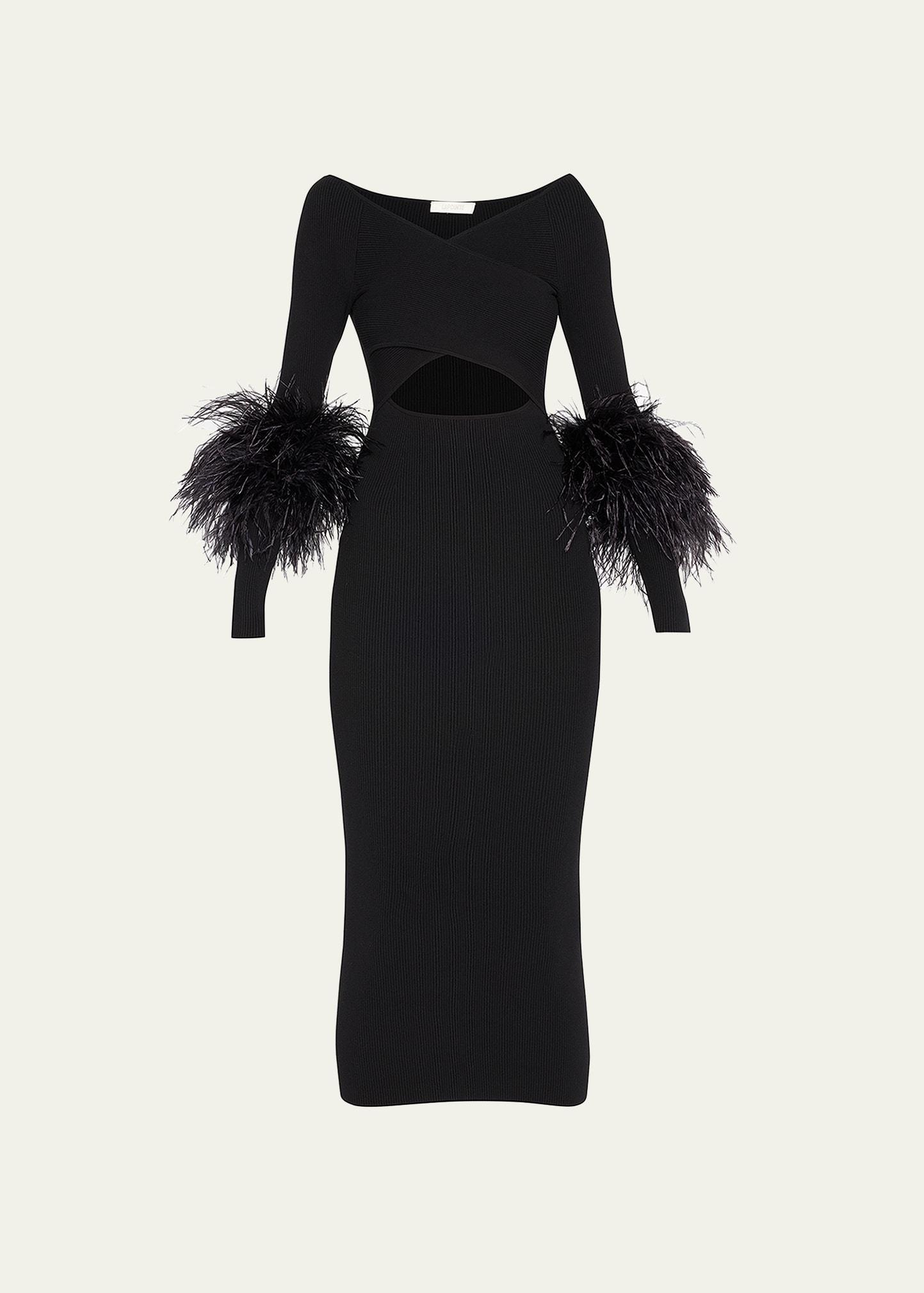 criss-cross cutout midi dress w/ feather trim