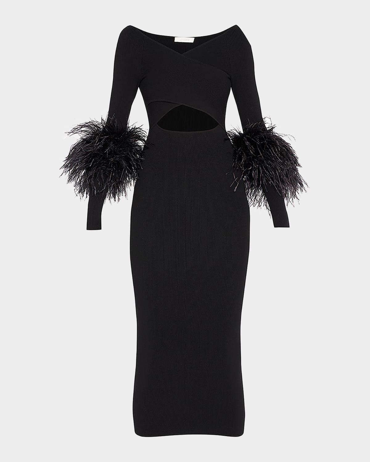 criss-cross cutout midi dress w/ feather trim