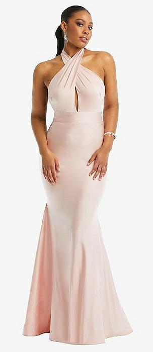 criss cross halter open-back stretch satin mermaid dress