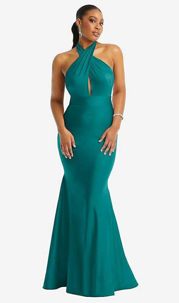 criss cross halter open-back stretch satin mermaid dress