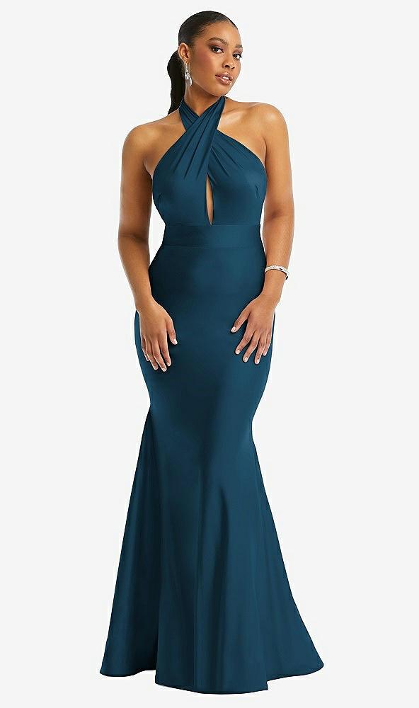 criss cross halter open-back stretch satin mermaid dress