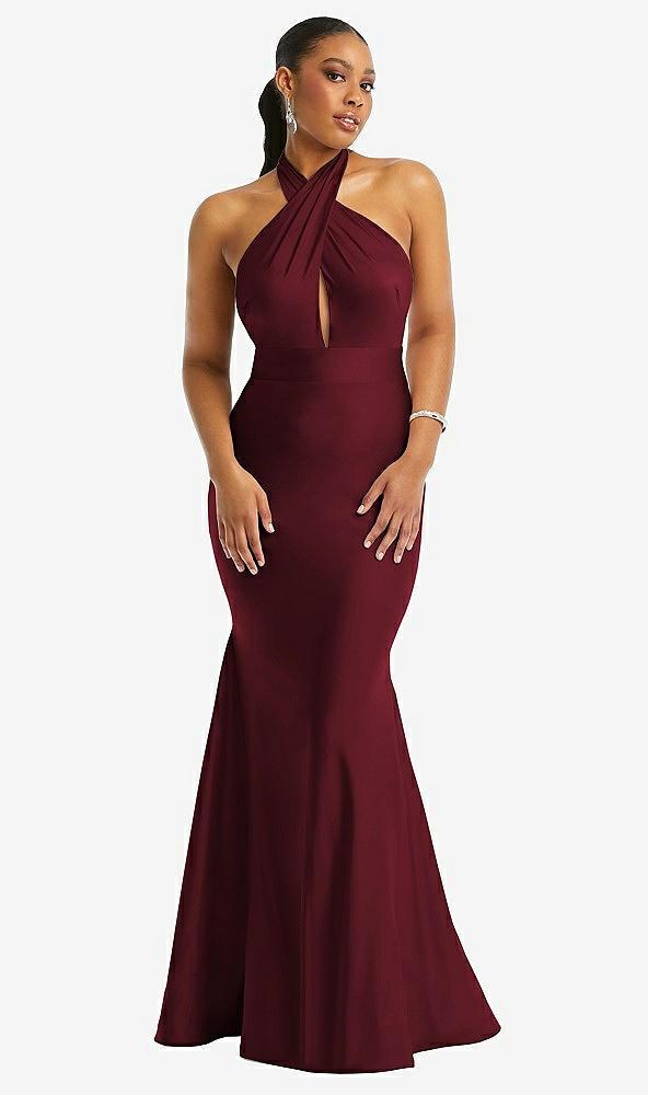 criss cross halter open-back stretch satin mermaid dress