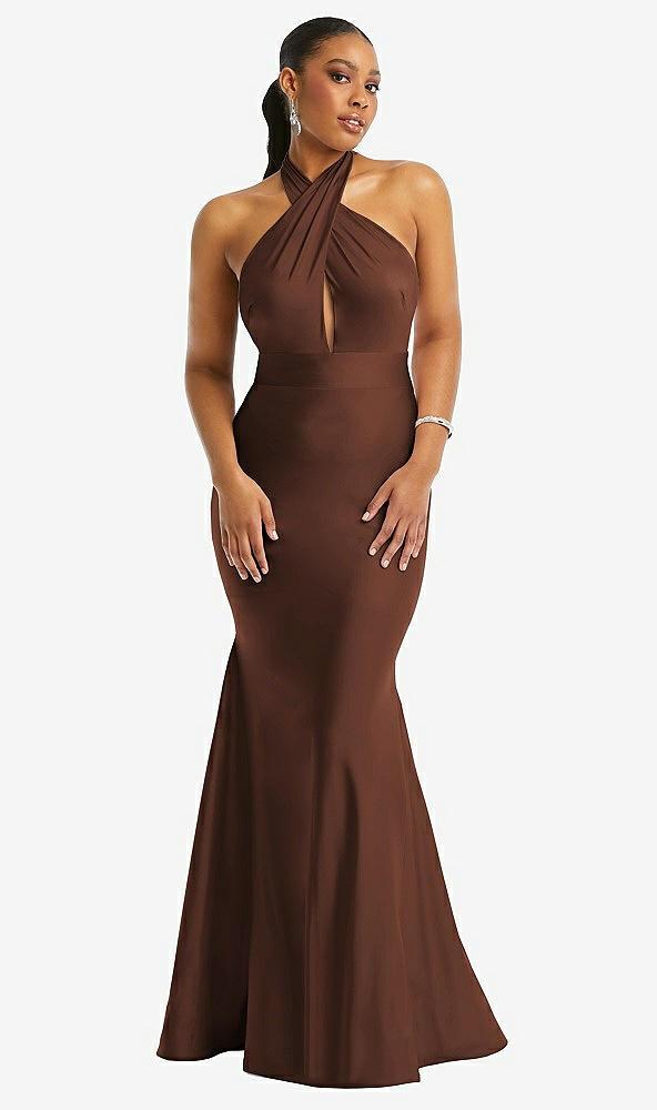 criss cross halter open-back stretch satin mermaid dress