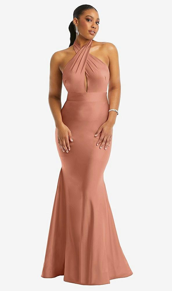 criss cross halter open-back stretch satin mermaid dress