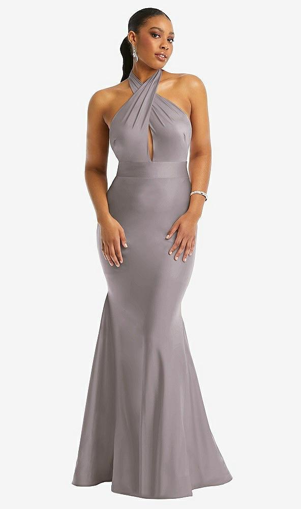 criss cross halter open-back stretch satin mermaid dress