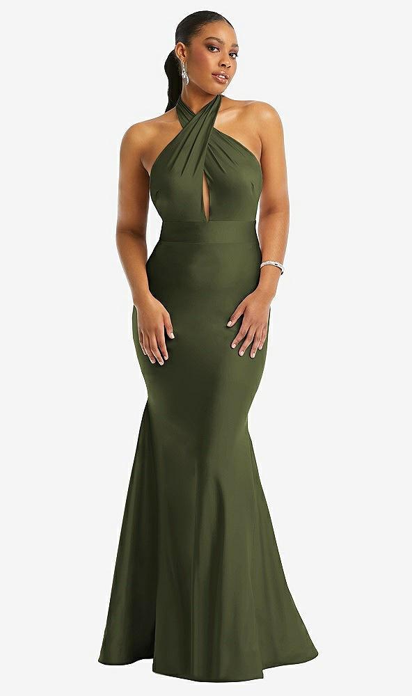 criss cross halter open-back stretch satin mermaid dress