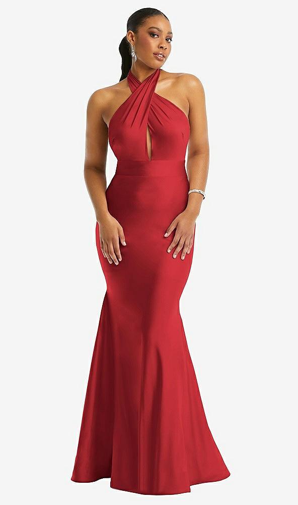 criss cross halter open-back stretch satin mermaid dress