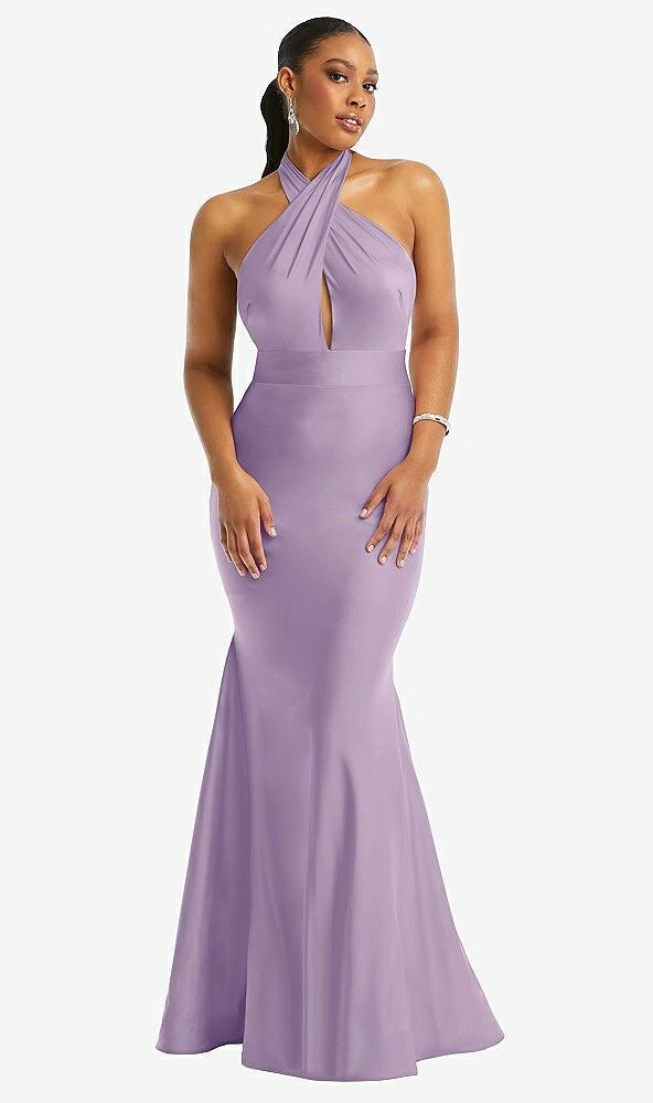 criss cross halter open-back stretch satin mermaid dress