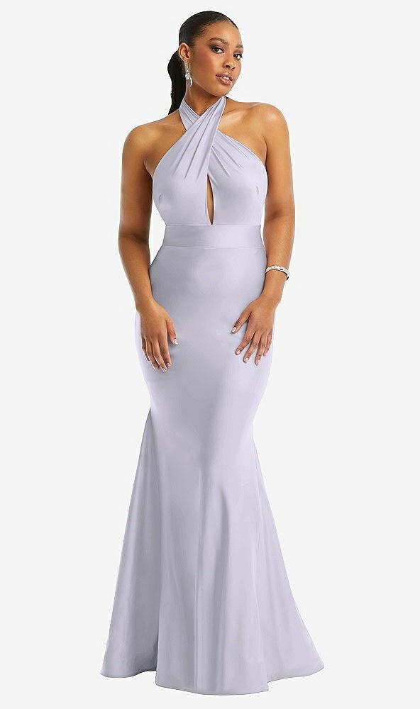 criss cross halter open-back stretch satin mermaid dress
