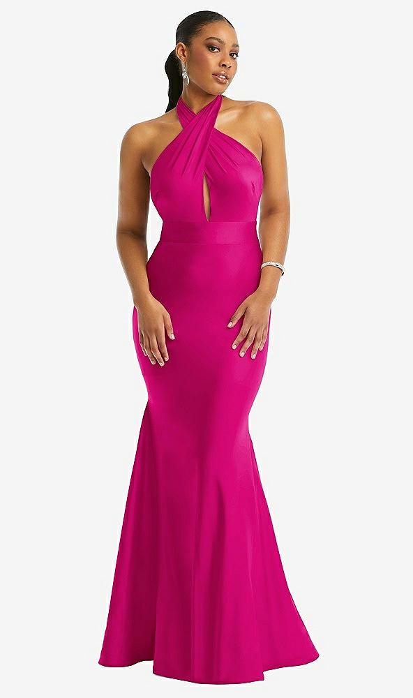 criss cross halter open-back stretch satin mermaid dress