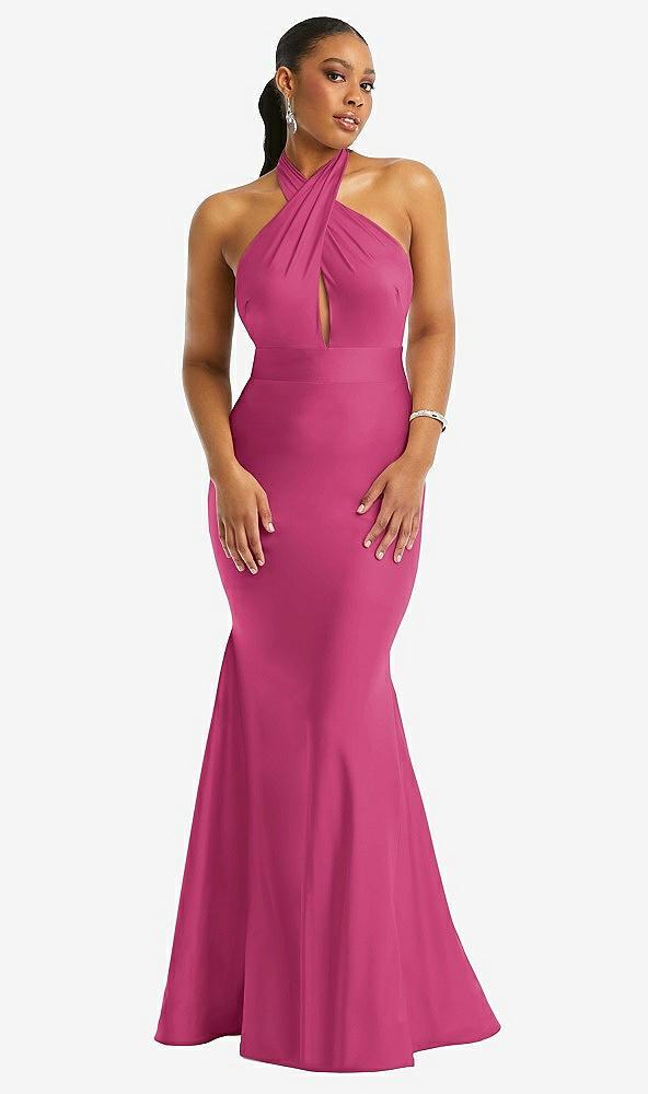 criss cross halter open-back stretch satin mermaid dress