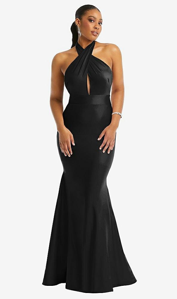 criss cross halter open-back stretch satin mermaid dress
