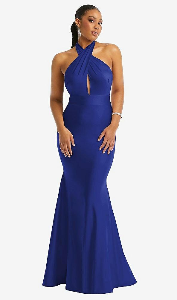 criss cross halter open-back stretch satin mermaid dress