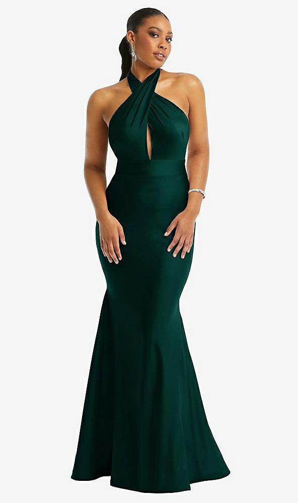 criss cross halter open-back stretch satin mermaid dress