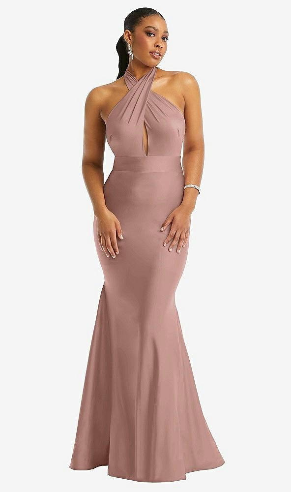 criss cross halter open-back stretch satin mermaid dress