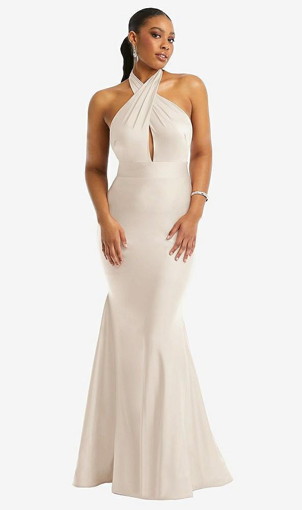 criss cross halter open-back stretch satin mermaid dress