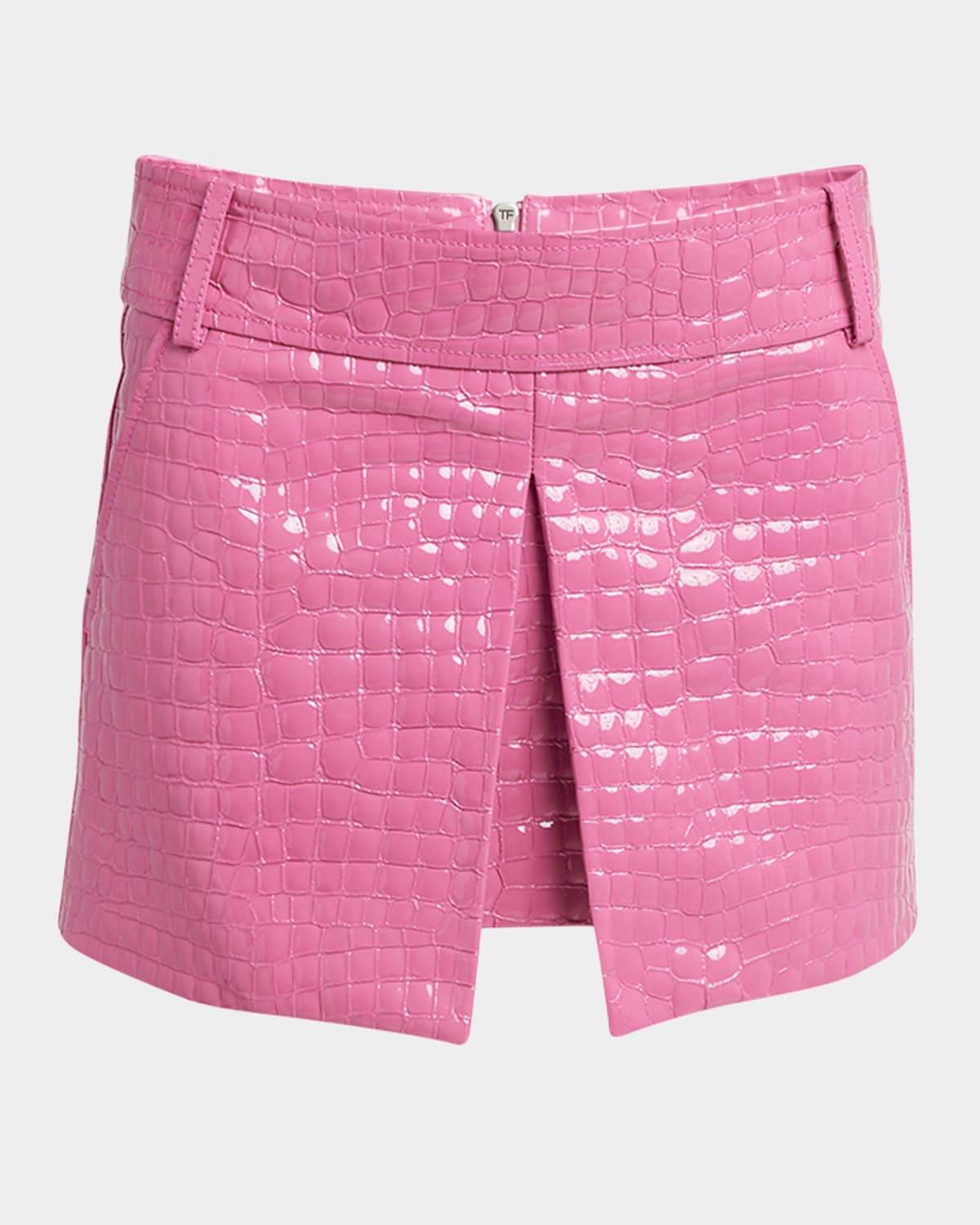 croc-embossed glossy leather mini skirt