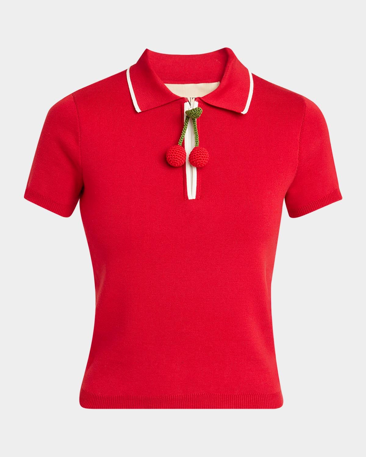 crochet cherry short-sleeve cotton polo shirt