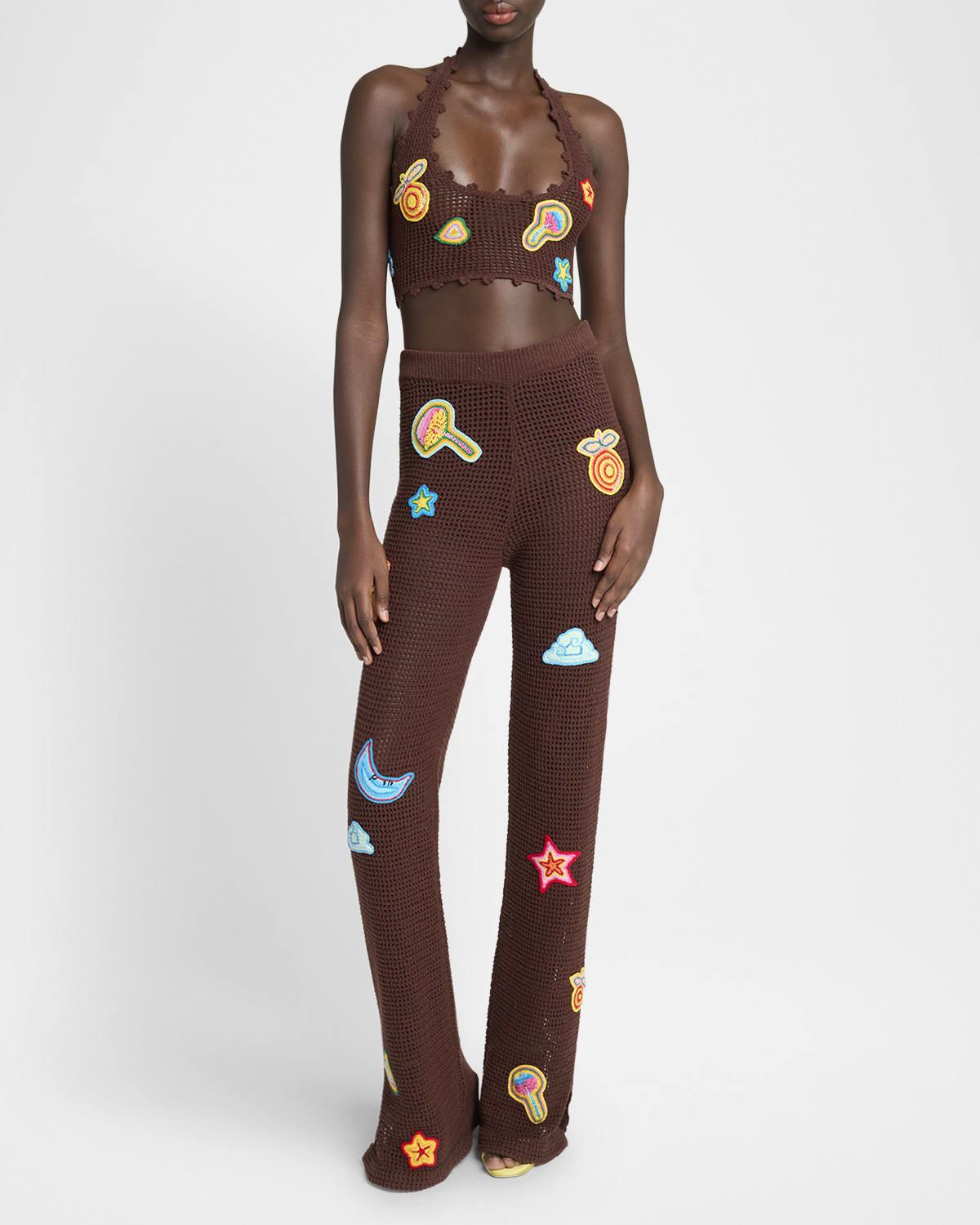 crochet flared trousers with patches