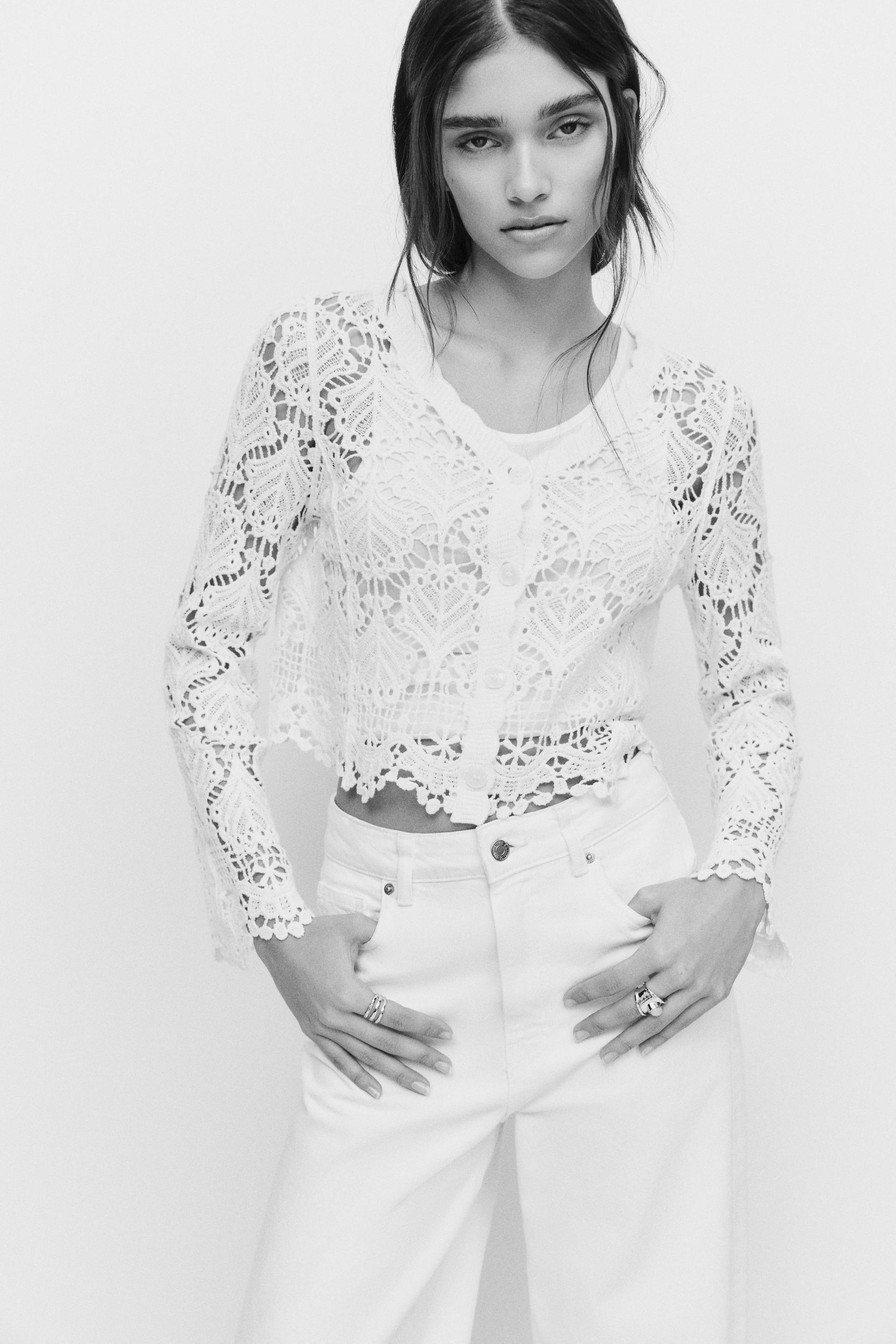 crochet-look cotton cardigan