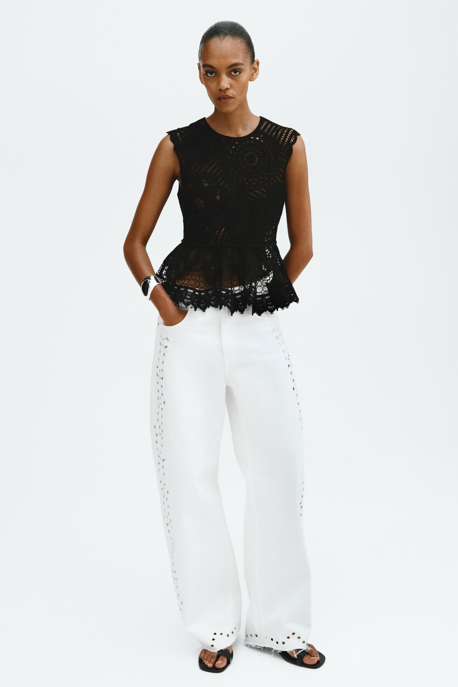 crochet-look peplum top