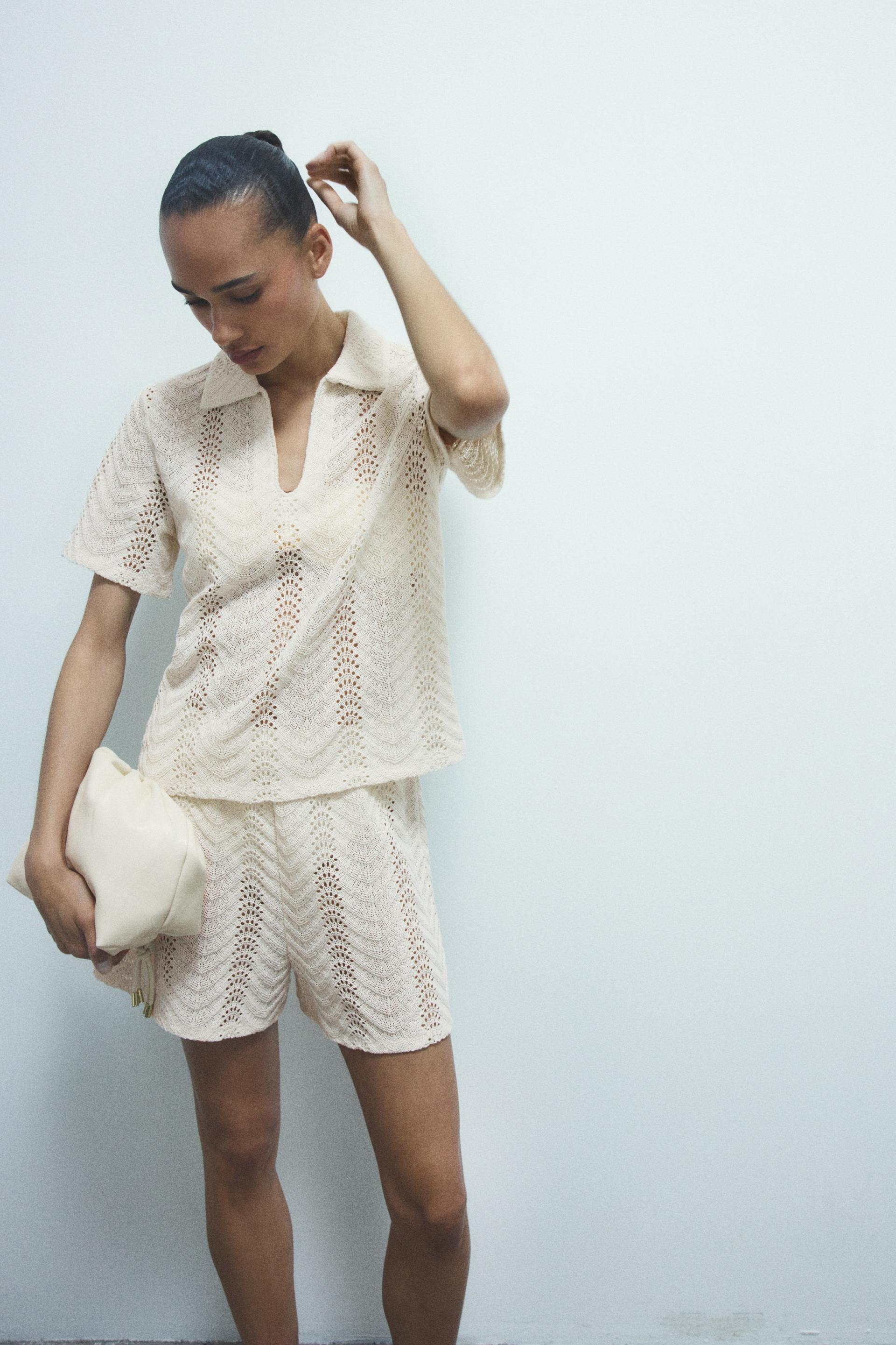 crochet-look polo shirt