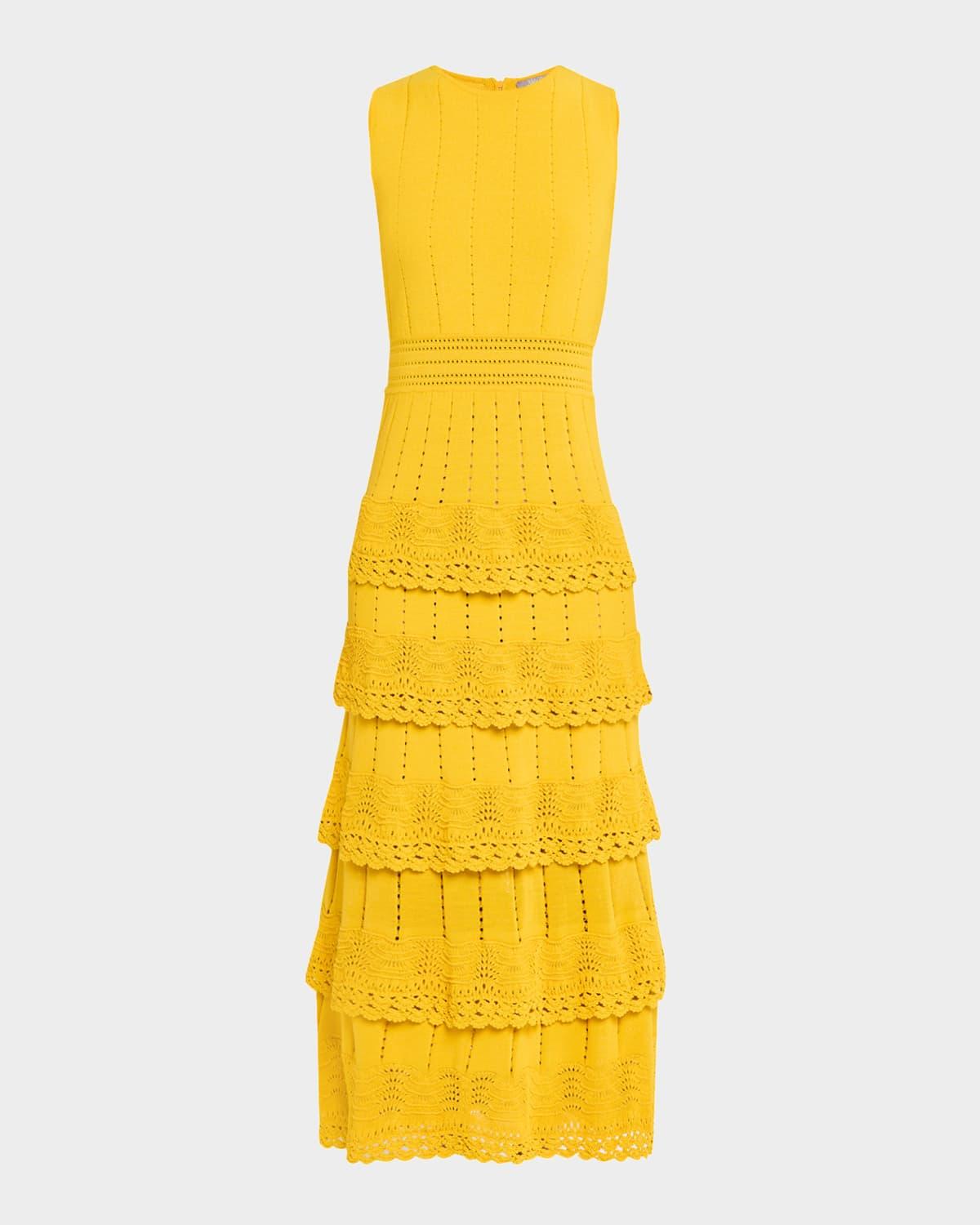 crochet ruffle pointelle knit sleeveless midi dress