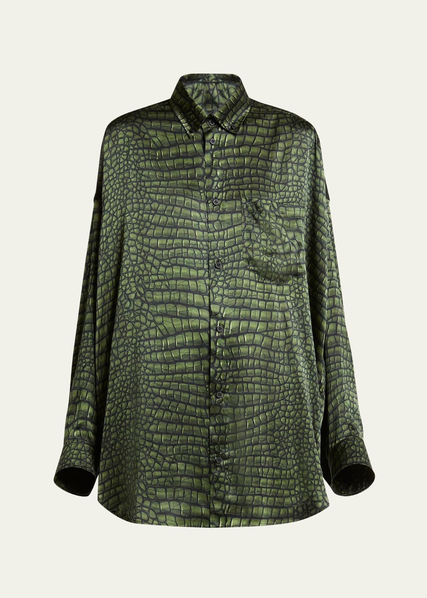 crocodile print satin button down cocoon blouse