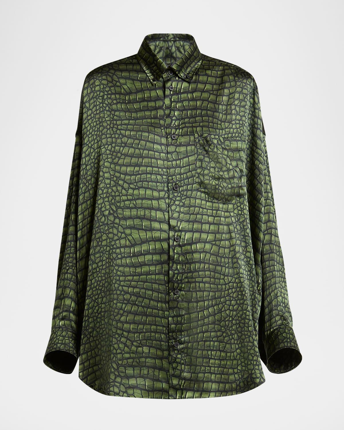 crocodile print satin button down cocoon blouse