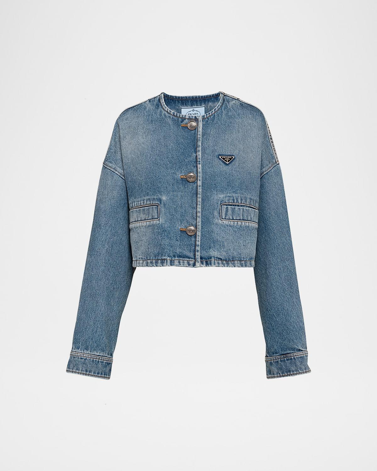 crop collarless denim jacket