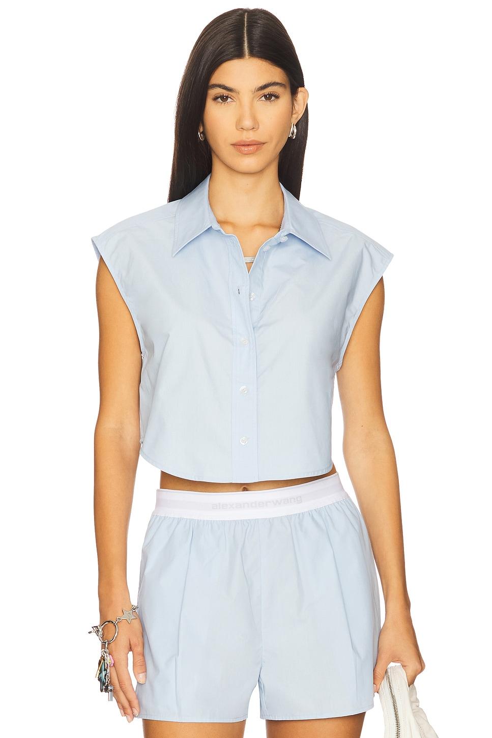 cropped button down sleeveless shirt with necklace