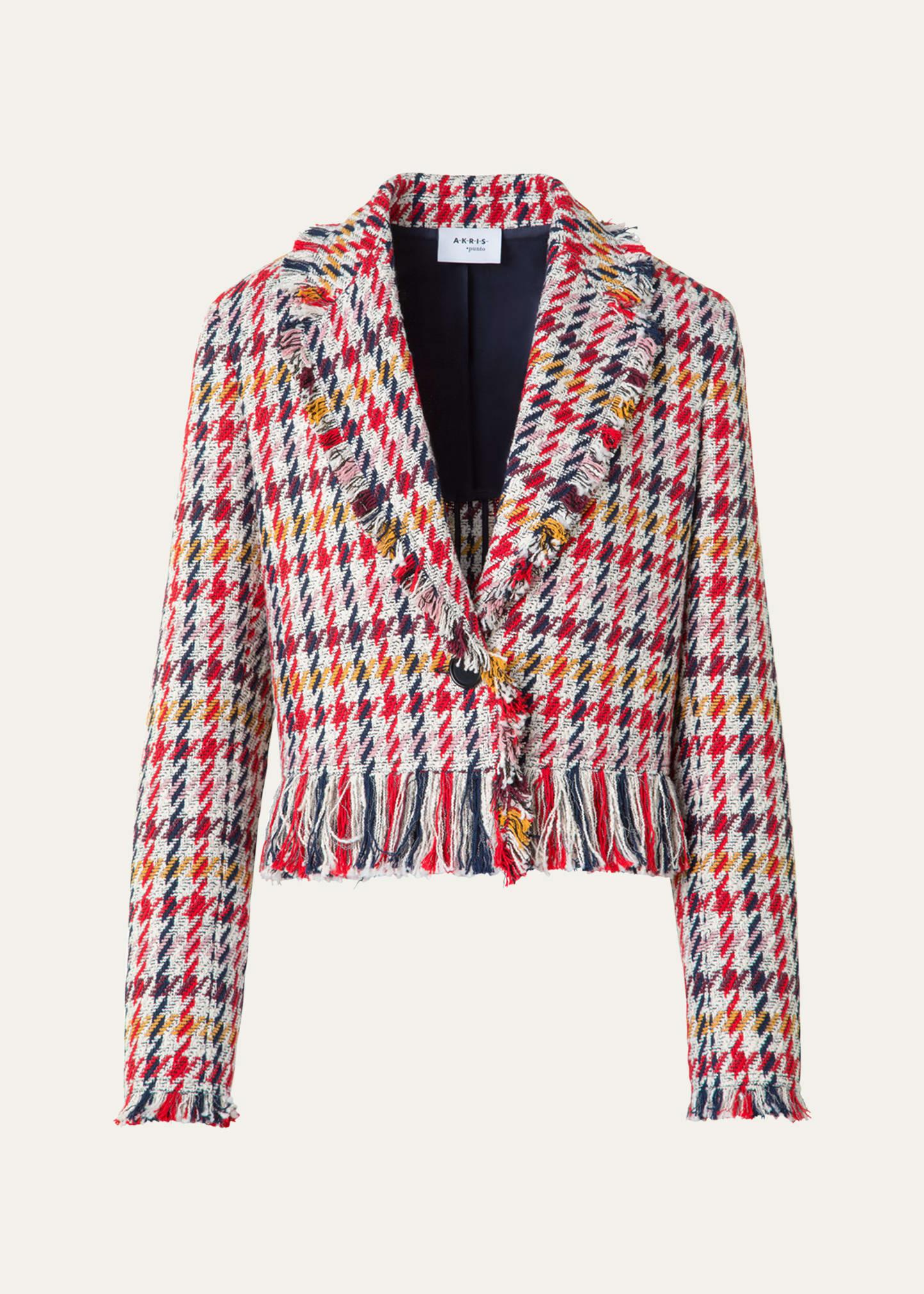 cropped checked tweed jacket with maxi fringe