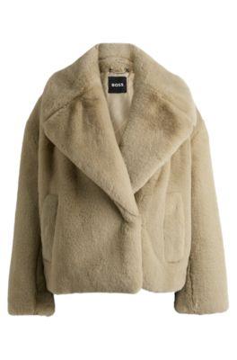 cropped coat in plush teddy fabric- light beige women's formal coats