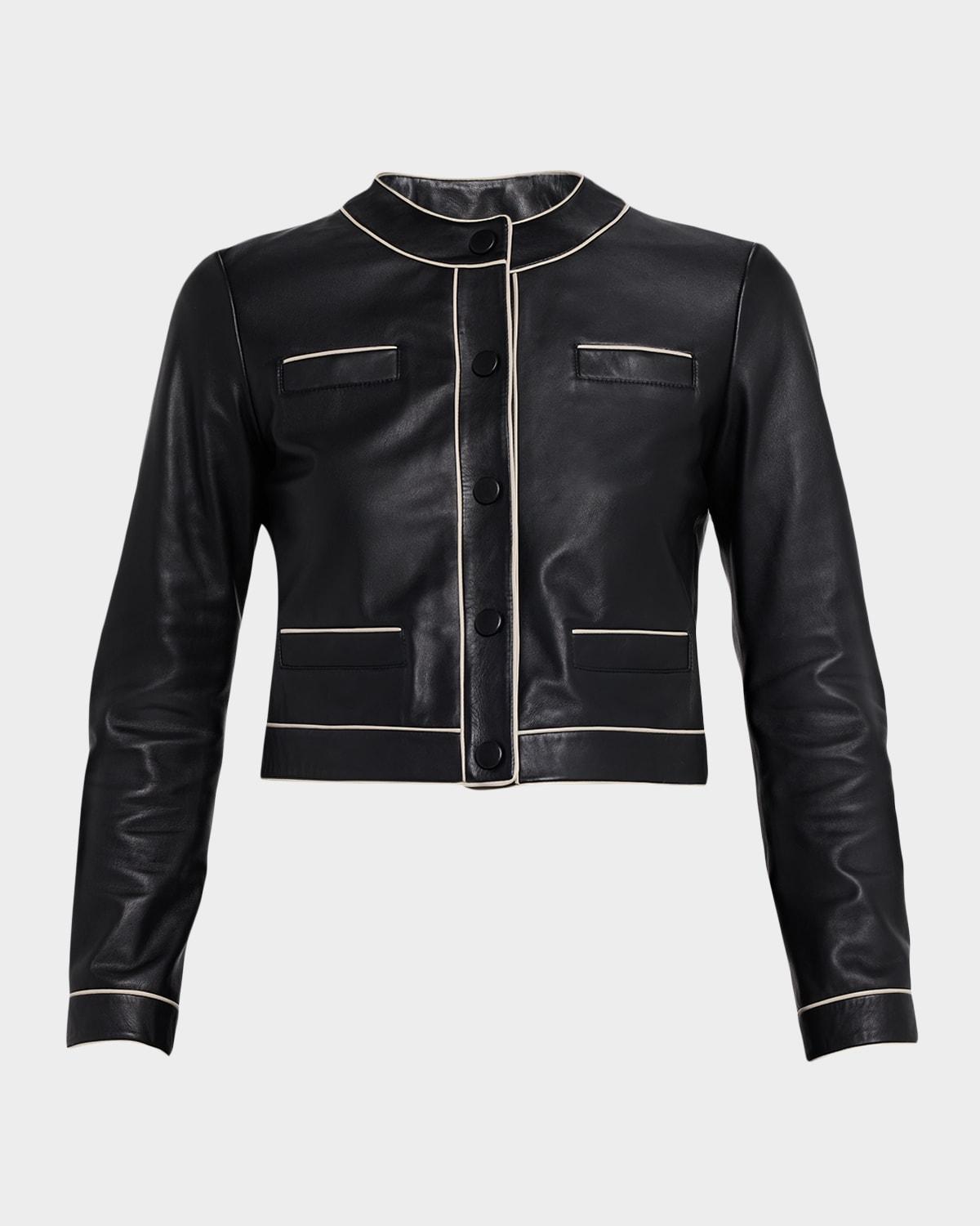 cropped contrast-trim leather jacket
